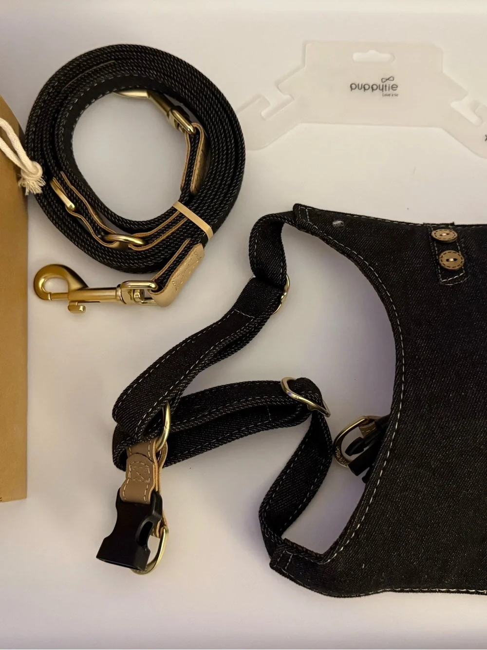 Puppytie Black Denim Dog Harness & Leash Set with Gold Hardware